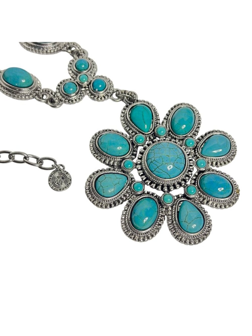 RJ Graziano Silver Tone And Faux Turquois Necklace With Flower Pendant (6321) - Picture 7 of 8